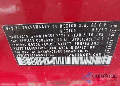 2013 Volkswagen Jetta 2.0L Base/2.0L S из США, поврежденный, VIN 3VW2K7AJ2DM312534